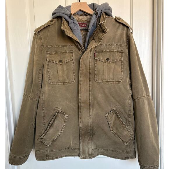 Levis Washed Cotton Hooded Military Jacket Mens M Green Sherpa Lined Distressed - Picture 1 of 13
